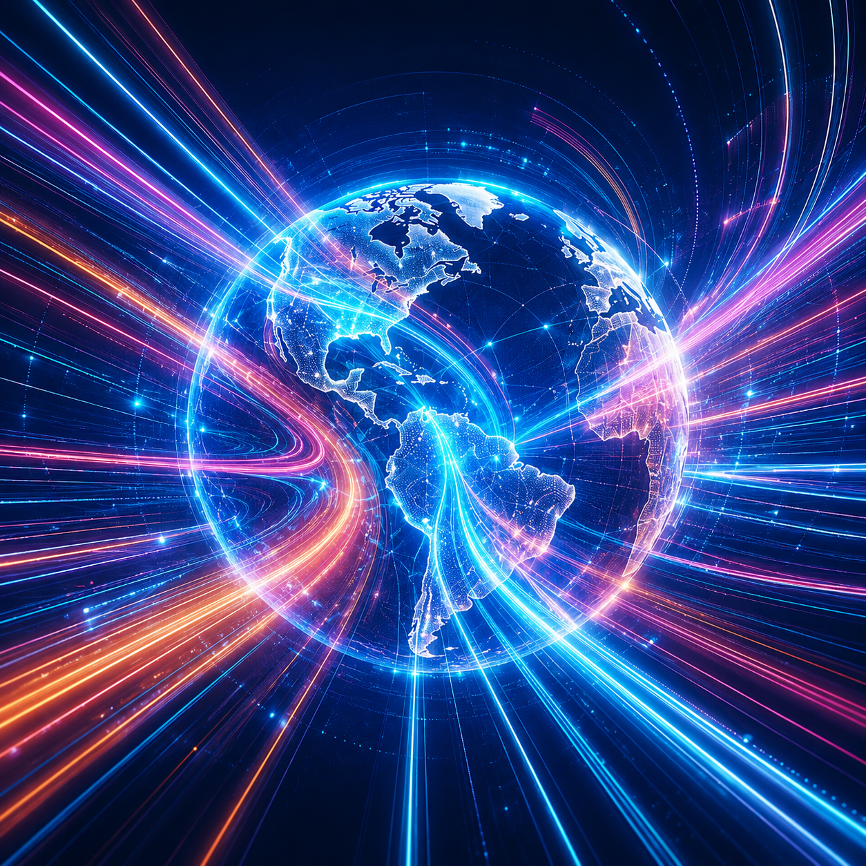 Digital globe with light trails representing connected global project delivery.