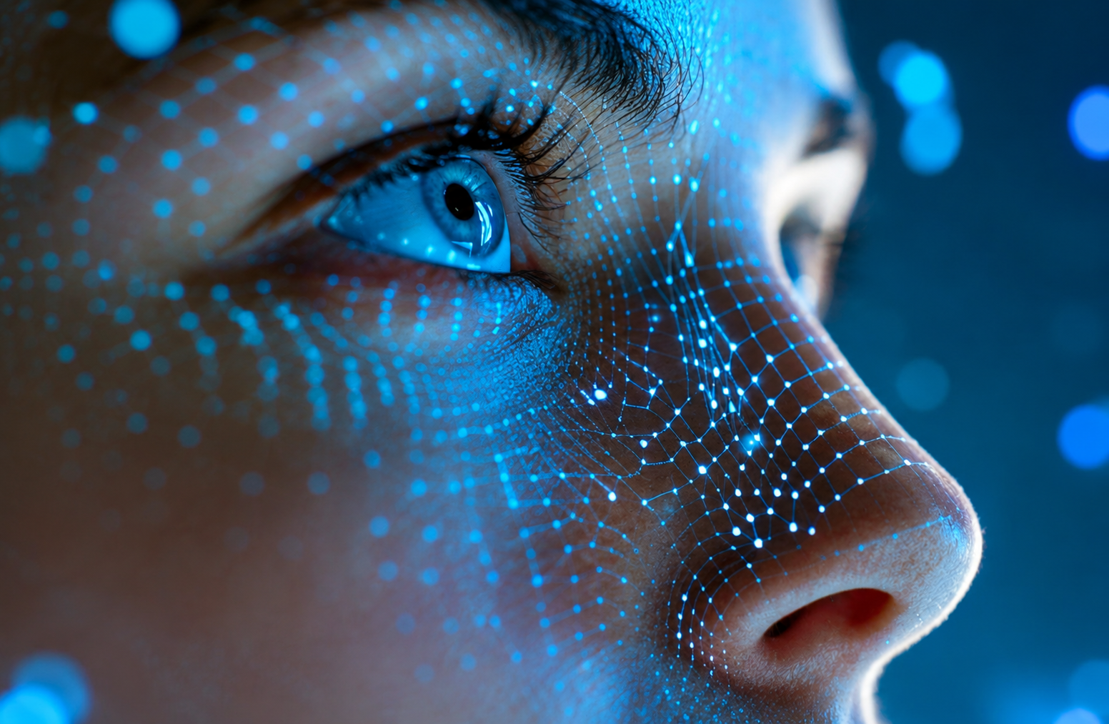 Close-up eye visual with a digital network overlay representing insight and clarity.
