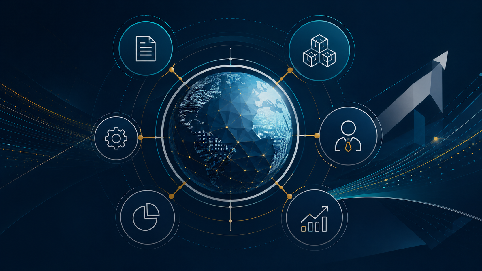 A connected project process illustration showing documents, systems, stakeholder coordination and growth around a global delivery model.